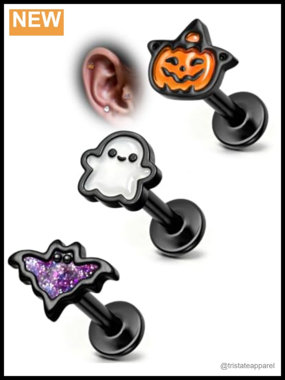 3PCS Halloween Flat Back Cartilage Earrings 16G 6MM Surgical Steel Studs